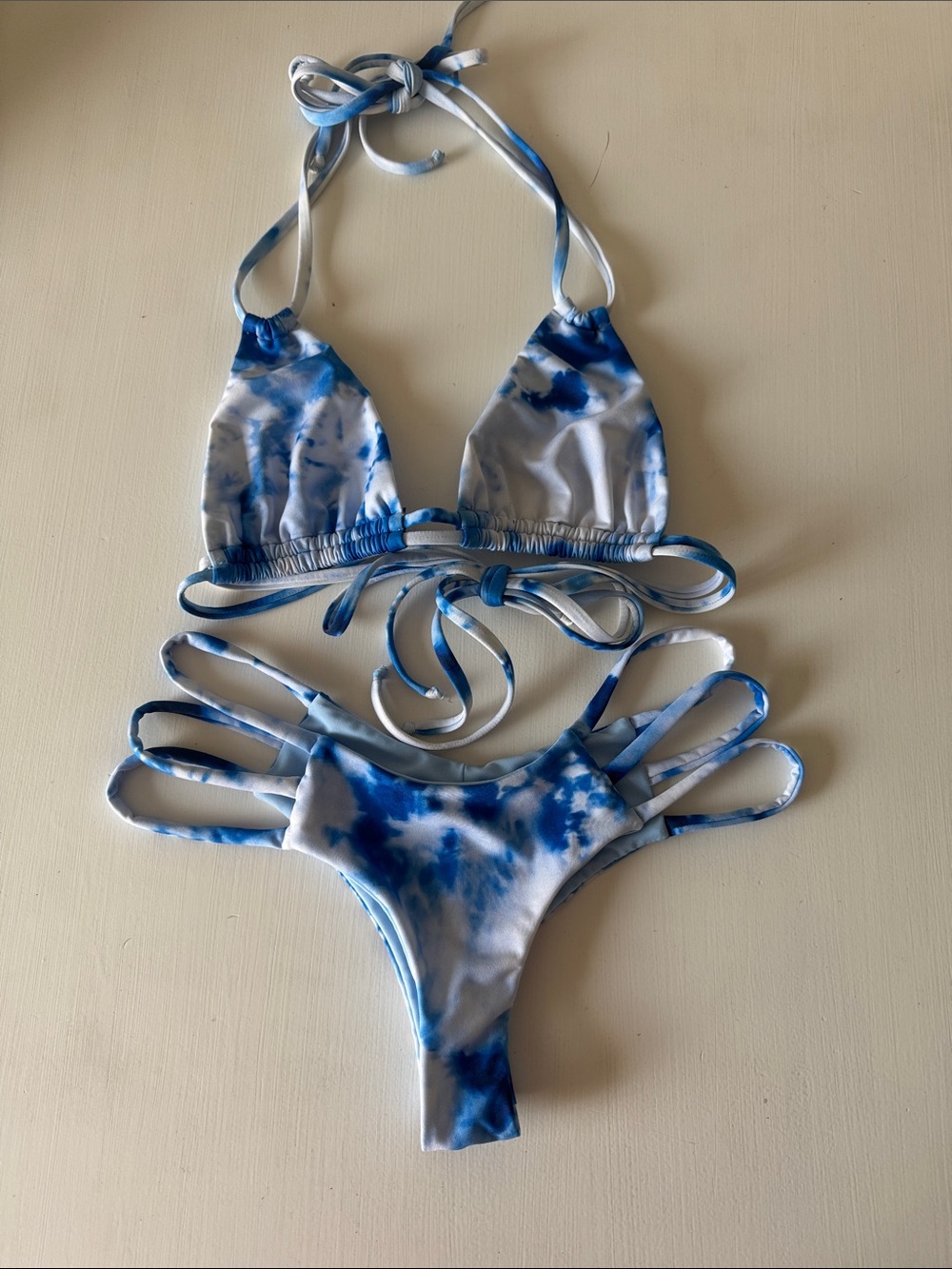 Blue Tie-Dye beach babe Bikini with Strappy Bottoms